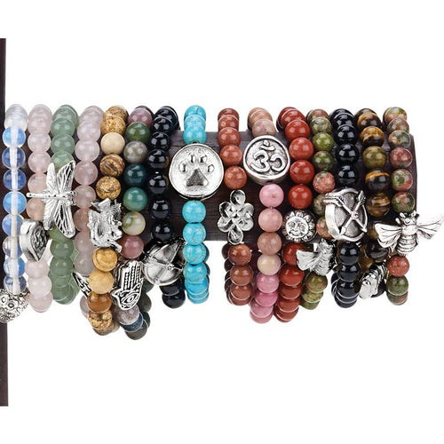 SILVER 8MM INLINE CHARM ENERGY BEAD BRACELETS: BLACK OBSIDIAN / ARROWS