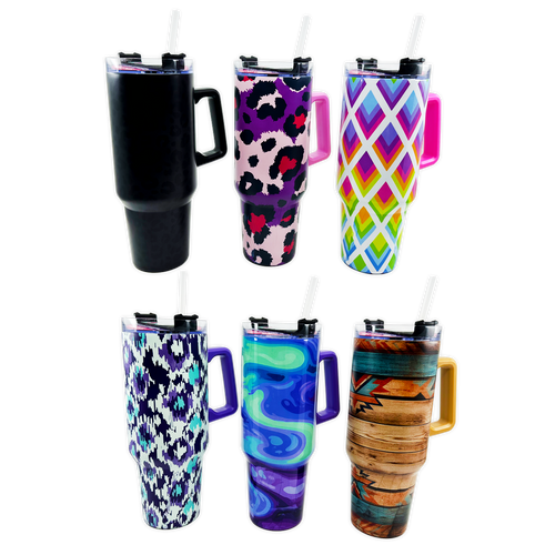 40oz Printed Cup with Handle Assortment Bulk Closeout Pack: Closeout Price
