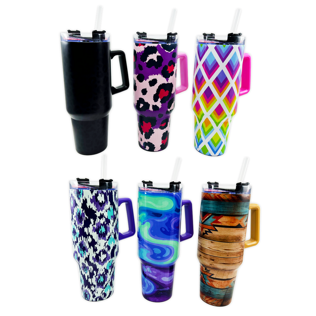 40oz Printed Cup with Handle Assortment Bulk Closeout Pack: Closeout Price