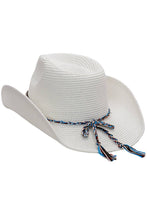 Load image into Gallery viewer, Turquoise Tribal Woven Band Paper Straw Cowboy Hat: White