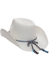 Turquoise Tribal Woven Band Paper Straw Cowboy Hat: White
