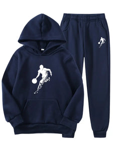 2pcs Vibrant Basketball-Themed Boys Hooded Sweatshirt & Joggers Set