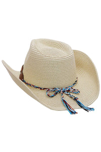 Turquoise Tribal Woven Band Paper Straw Cowboy Hat: White