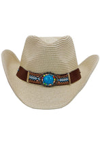 Load image into Gallery viewer, Turquoise Tribal Woven Band Paper Straw Cowboy Hat: White