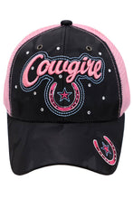 Load image into Gallery viewer, Cowgirl Horseshoe Bling Camo Poly Curved Bill Baseball Cap: Gray/Pink