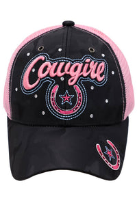 Cowgirl Horseshoe Bling Camo Poly Curved Bill Baseball Cap: Gray/Pink