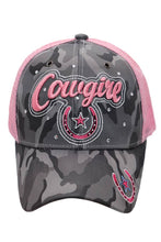 Load image into Gallery viewer, Cowgirl Horseshoe Bling Camo Poly Curved Bill Baseball Cap: Gray/Pink