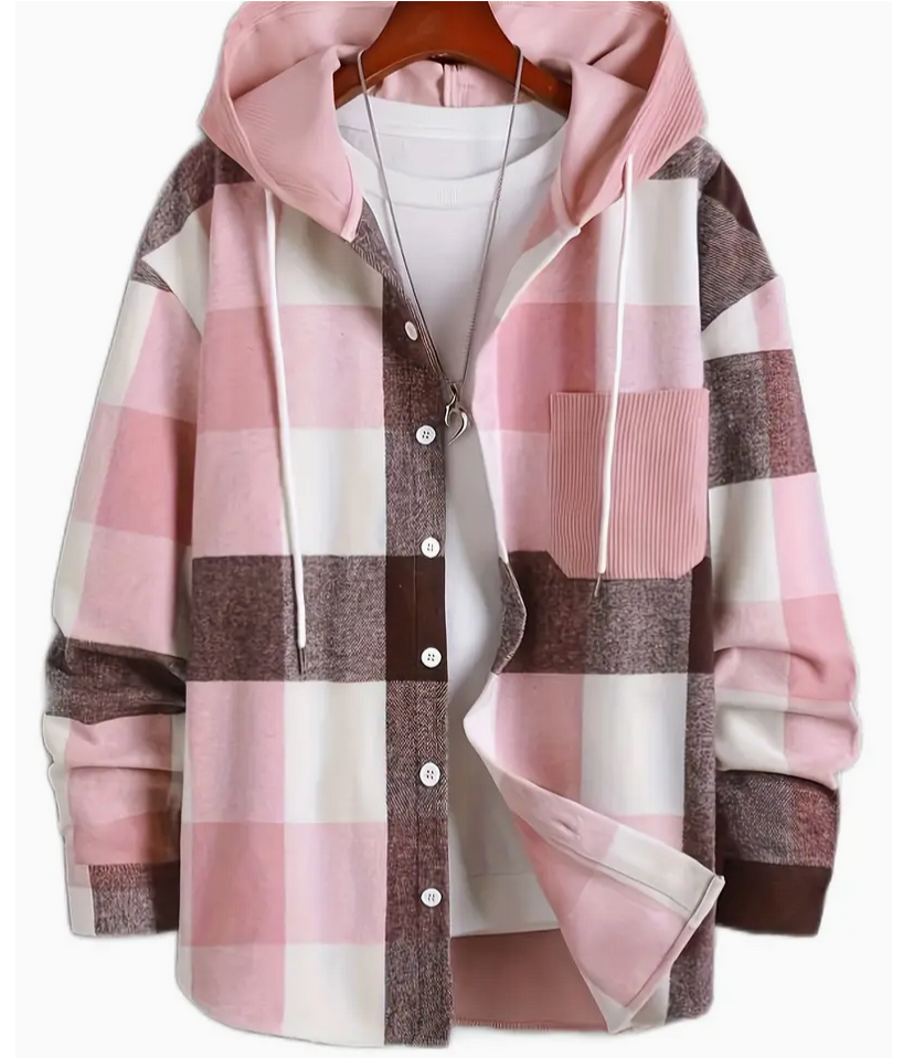 Pink Long Sleeve Plaid Hooded Sweater