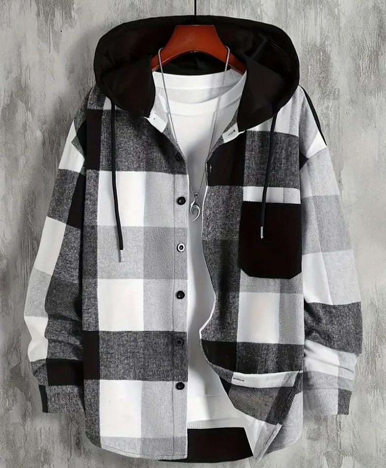 Black Plaid Hooded Shirt Jacket