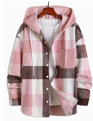 Pink Long-Sleeve Plaid Hooded Shirt