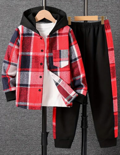 Plaid Hooded Shirt and Jogger Pants set
