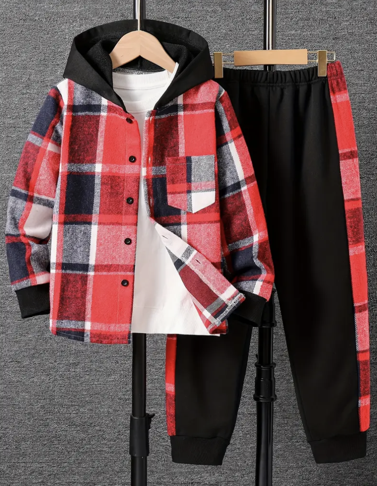 Plaid Hooded Shirt and Jogger Pants set