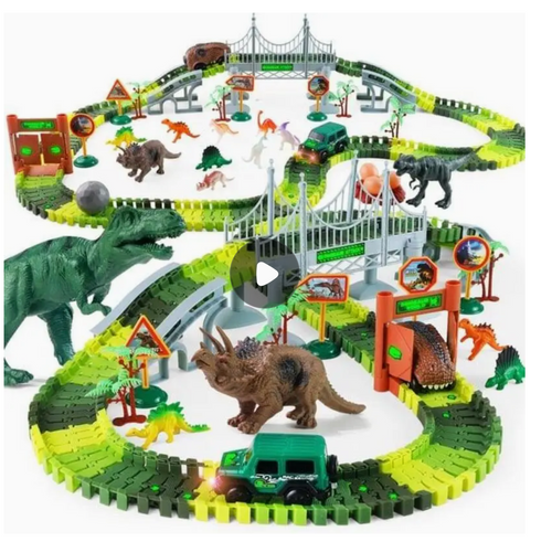 Dinosaur Toys Race Car Track with Glow-in-the-Dark Stickers Vehicle Playsets, 215 PCS