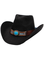 Load image into Gallery viewer, Turquoise Tribal Woven Band Paper Straw Cowboy Hat: White