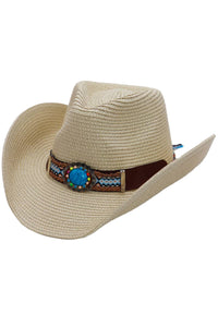 Turquoise Tribal Woven Band Paper Straw Cowboy Hat: White