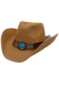 Turquoise Tribal Woven Band Paper Straw Cowboy Hat: White