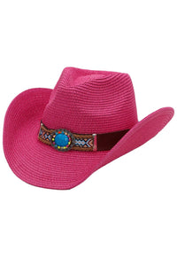 Turquoise Tribal Woven Band Paper Straw Cowboy Hat: White