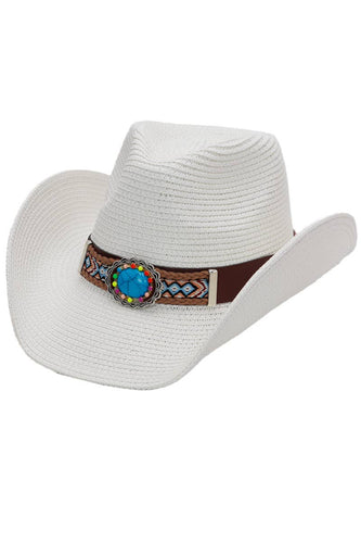 Turquoise Tribal Woven Band Paper Straw Cowboy Hat: White