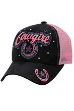 Load image into Gallery viewer, Cowgirl Horseshoe Bling Camo Poly Curved Bill Baseball Cap: Gray/Pink