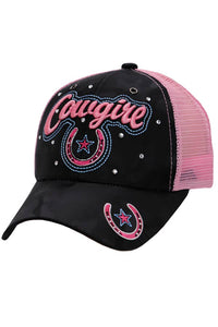 Cowgirl Horseshoe Bling Camo Poly Curved Bill Baseball Cap: Gray/Pink