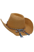 Load image into Gallery viewer, Turquoise Tribal Woven Band Paper Straw Cowboy Hat: White