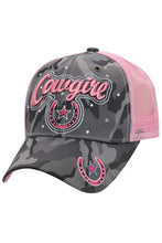 Load image into Gallery viewer, Cowgirl Horseshoe Bling Camo Poly Curved Bill Baseball Cap: Gray/Pink