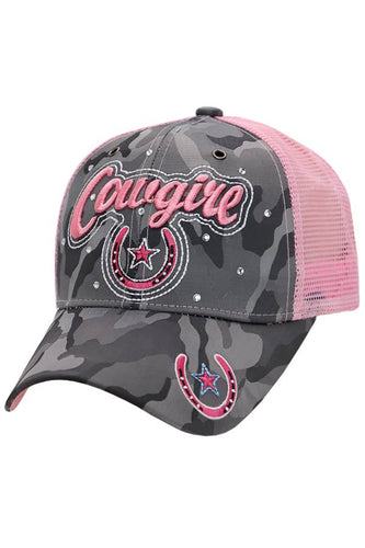 Cowgirl Horseshoe Bling Camo Poly Curved Bill Baseball Cap: Gray/Pink