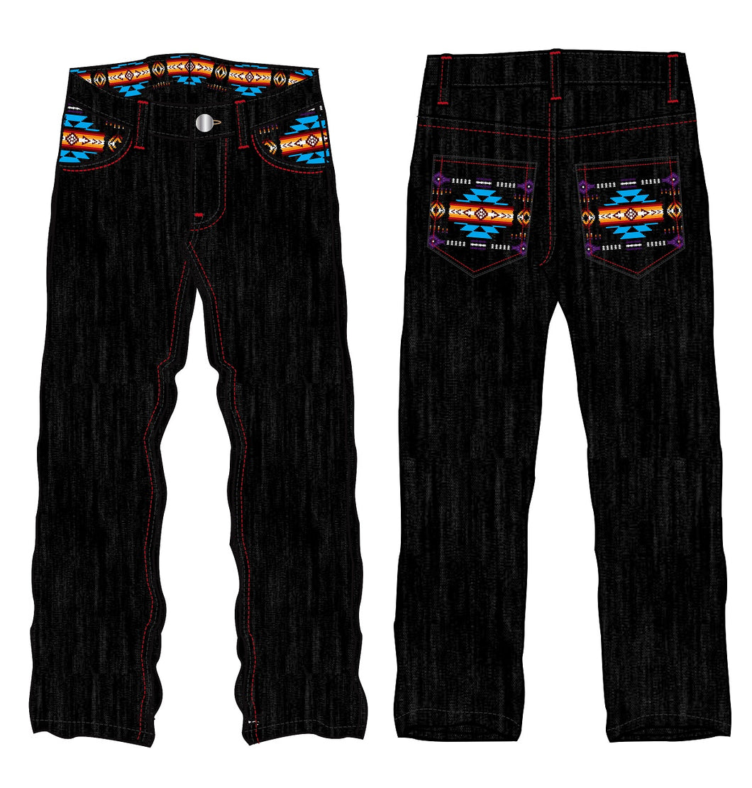 Black, Denim Pants With Printed Back Pocket and Front Pocket